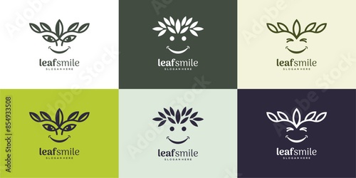 Cute leaf smile vector logo collection. Abstract idea of ​​leaves and cheerful smiling facial expression. Playful style design illustration template.