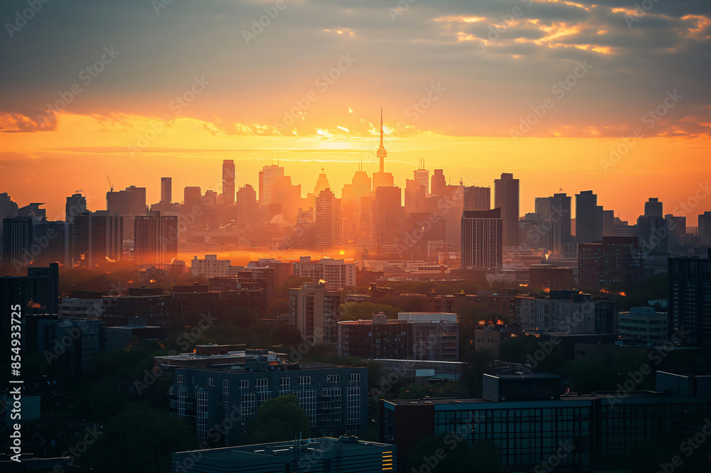 Obraz premium Breathtaking cityscape at dawn, with the sun rising majestically behind soaring skyscrapers and a warm, golden sky