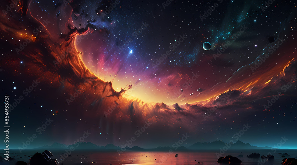 Visualize an outer space scene with holographic waves emanating from a distant galaxy, illuminating the stars Visualize an outer space scene with holographic waves emanating from a distant galaxy, illuminating the stars