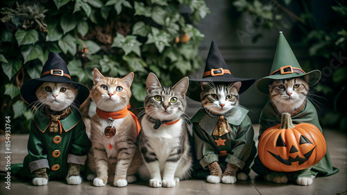 Adorable cats dressed up in Halloween costumes, with copy space, with empty space