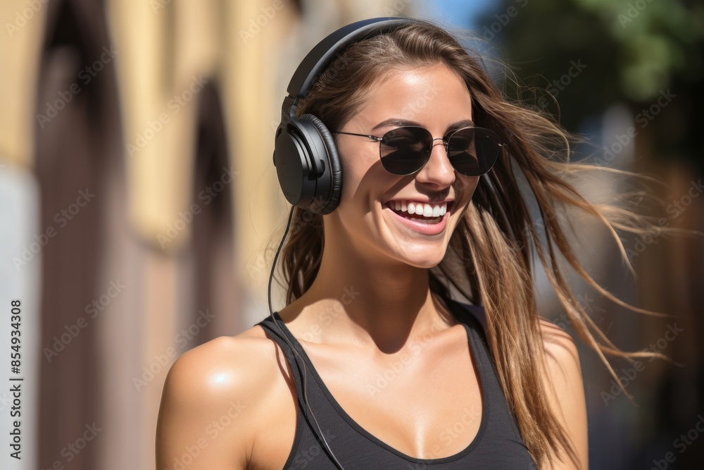 A woman wearing sunglasses and a black tank top is smiling A woman wearing sunglasses and a black tank top is smiling
