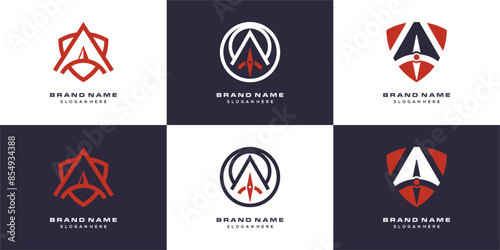 Shield compass navigation vector logo collection. Abstract idea of ​​compass needle and shield design with strong lines.