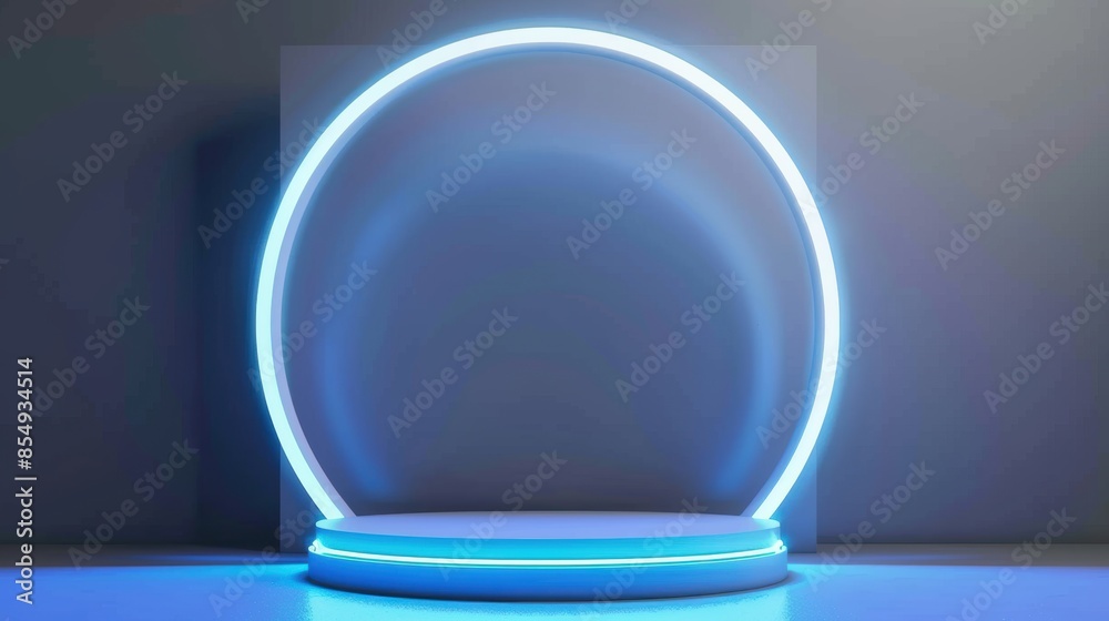 Futuristic blue neon podium with circular light in modern studio Futuristic blue neon podium with circular light in modern studio