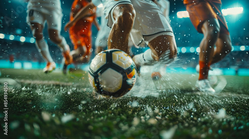 Closeup of soccer ball and player's feet photo