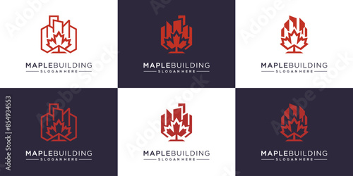 Red maple building vector logo collection. Abstract design ideas of maple leaves and buildings.