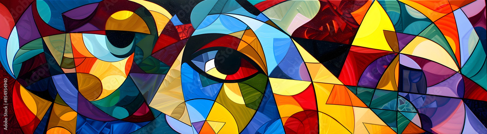 Fototapeta premium Vibrant Geometric Abstract Art Composition with Overlapping Shapes and Patterns