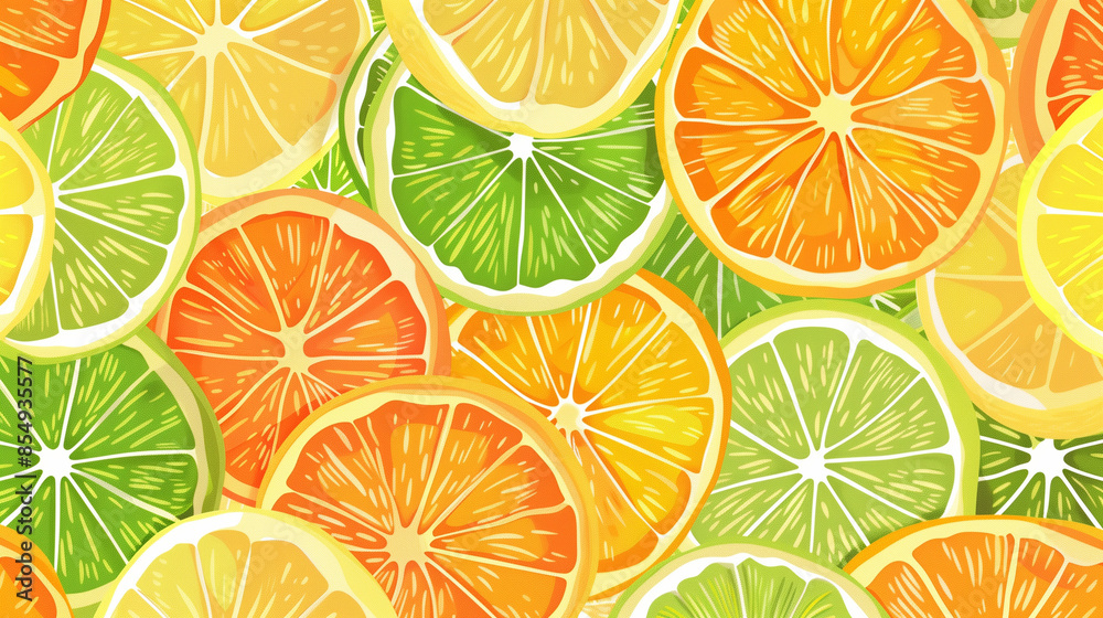 Obraz premium summer citrus pattern seamless citrus slices orange, lemon, lime, grapefruit tile