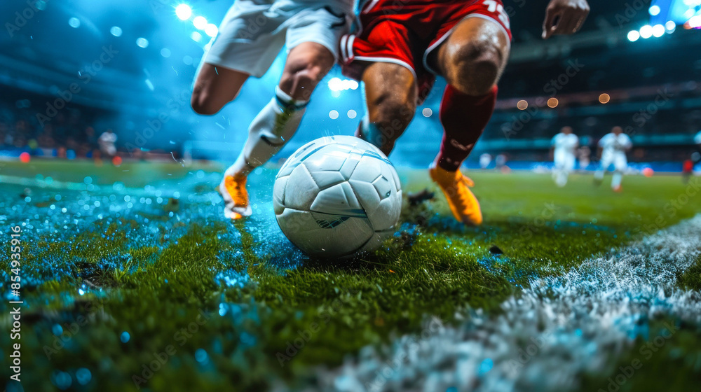 Naklejka premium Intense soccer match close-up on the ball