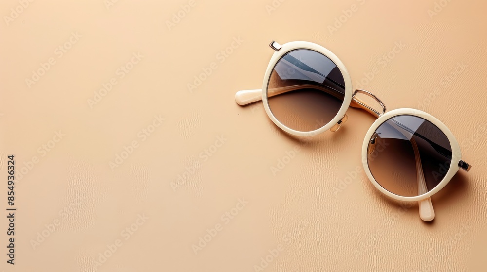 Fashionable sunglasses displayed on a beige background Summer accessory promotion with copy space available Fashionable sunglasses displayed on a beige background Summer accessory promotion with copy space available