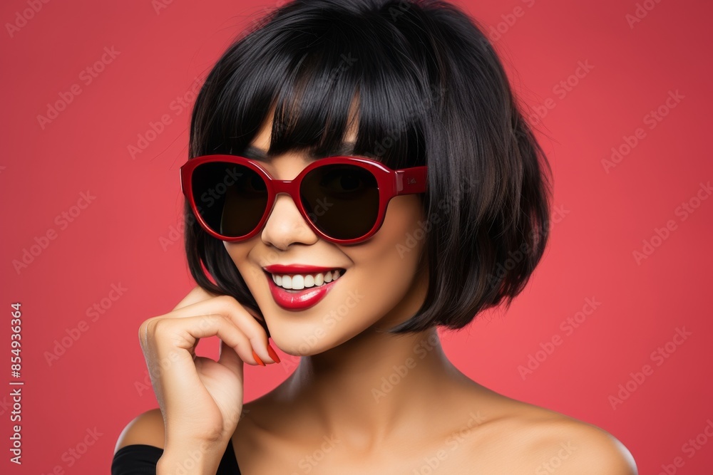 A woman with a red pair of sunglasses on her face A woman with a red pair of sunglasses on her face