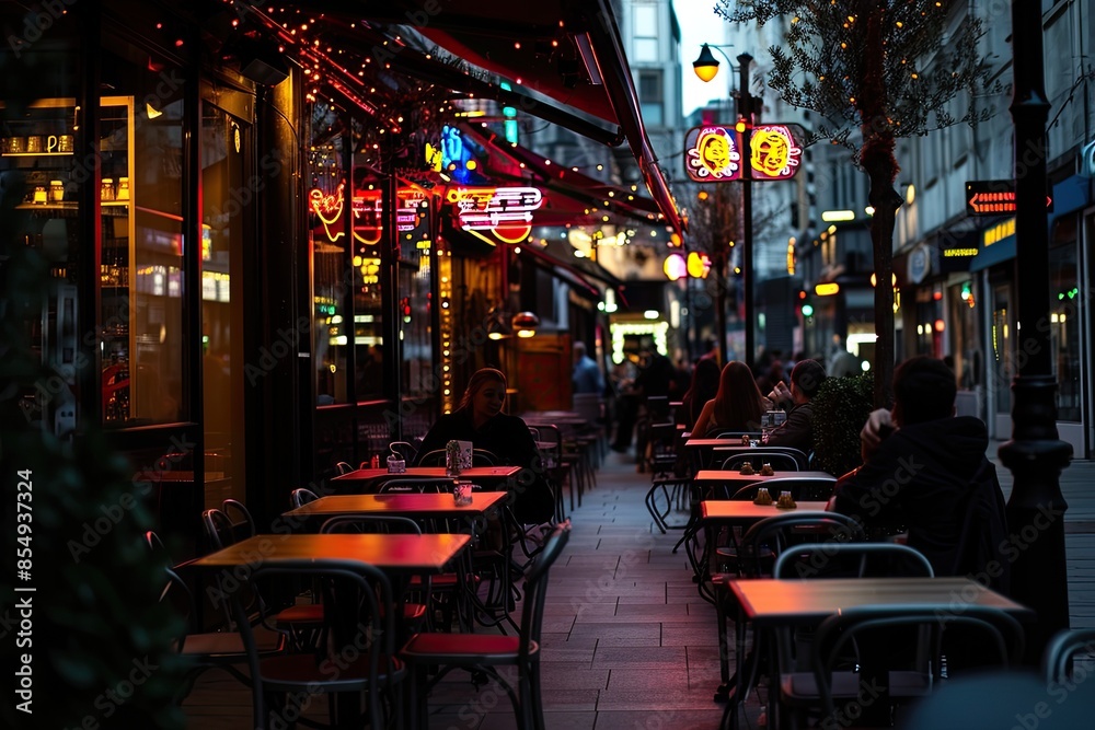 a restaurant with neon lights on the outside, Neon-lit outdoor cafes a restaurant with neon lights on the outside, Neon-lit outdoor cafes