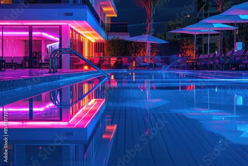 a pool with a reflection of a building in the water, Neon-lit poolside reflections © SaroStock