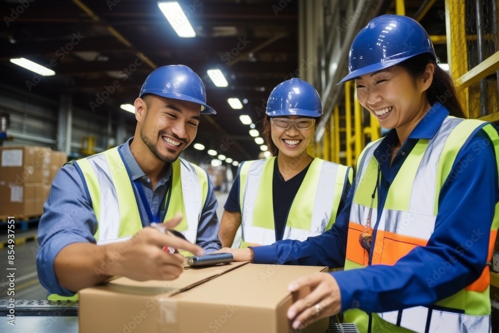 Three workers in safety gear are smiling and laughing together