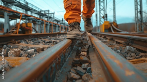Railway worker walking on the tracks during maintenance
