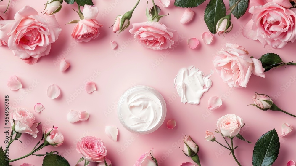 Romantic floral frame with pink roses face cream on pastel pink background Romantic floral frame with pink roses face cream on pastel pink background