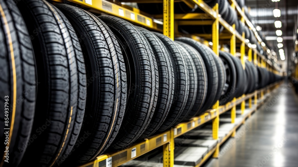Car tires in a warehouse, close-up. Auto service industry Car tires in a warehouse, close-up. Auto service industry