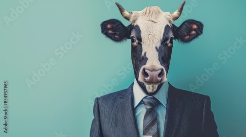 A cow wearing a suit and tie. The cow is standing against a blue background and looking at the camera. © Suwanlee