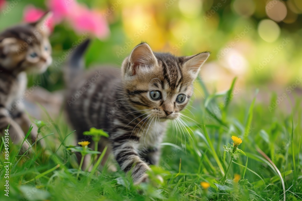 two kittens playing in the grass with each other, Playful kittens in a garden two kittens playing in the grass with each other, Playful kittens in a garden
