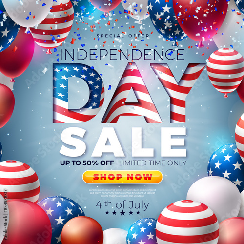 4th of July Independence Day Sale Banner Design with American Flag in Text Label and Party Balloon on Blue Background. Fourth of July USA National Holiday Vector Illustration with Special Offer