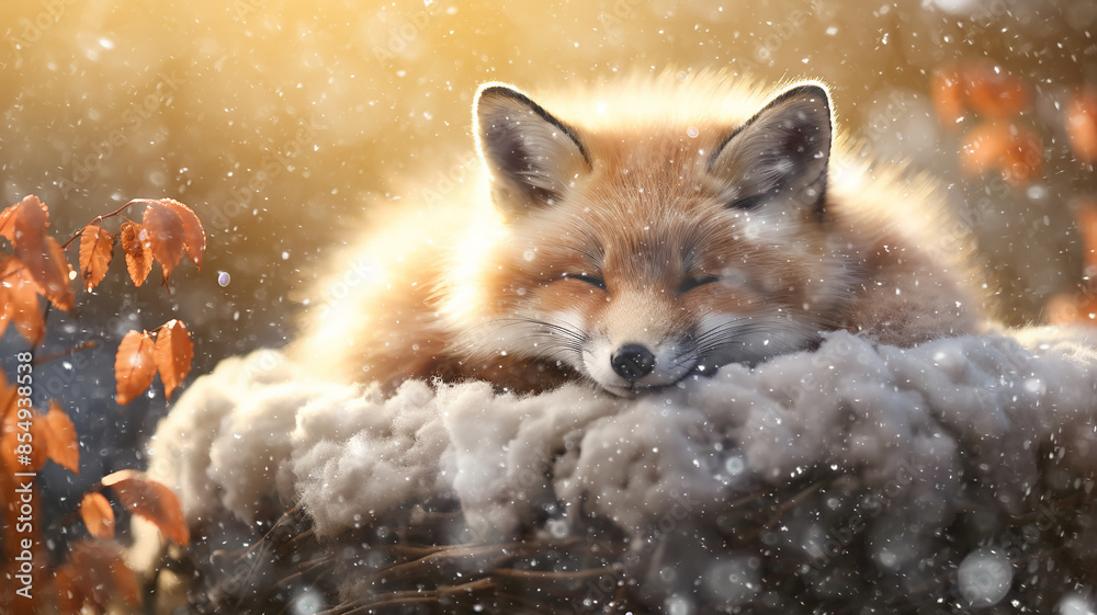 a cute fox cub sleeps in the wild against the background of winter, snow is falling, the incredible beauty of winter wildlife a cute fox cub sleeps in the wild against the background of winter, snow is falling, the incredible beauty of winter wildlife