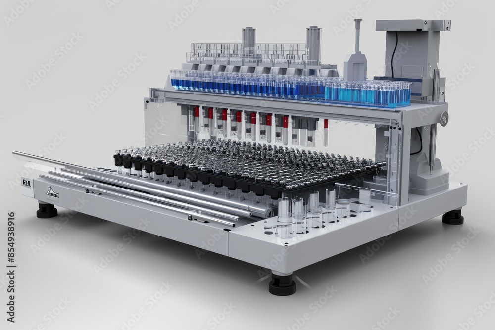a laboratory with a lot of test tubes and a tray, Render a 3D model of a high-throughput screening setup a laboratory with a lot of test tubes and a tray, Render a 3D model of a high-throughput screening setup
