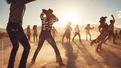 Western-Themed Cowboy Dance with Dancers in Traditional Outfits Performing on a Saloon Stage photo