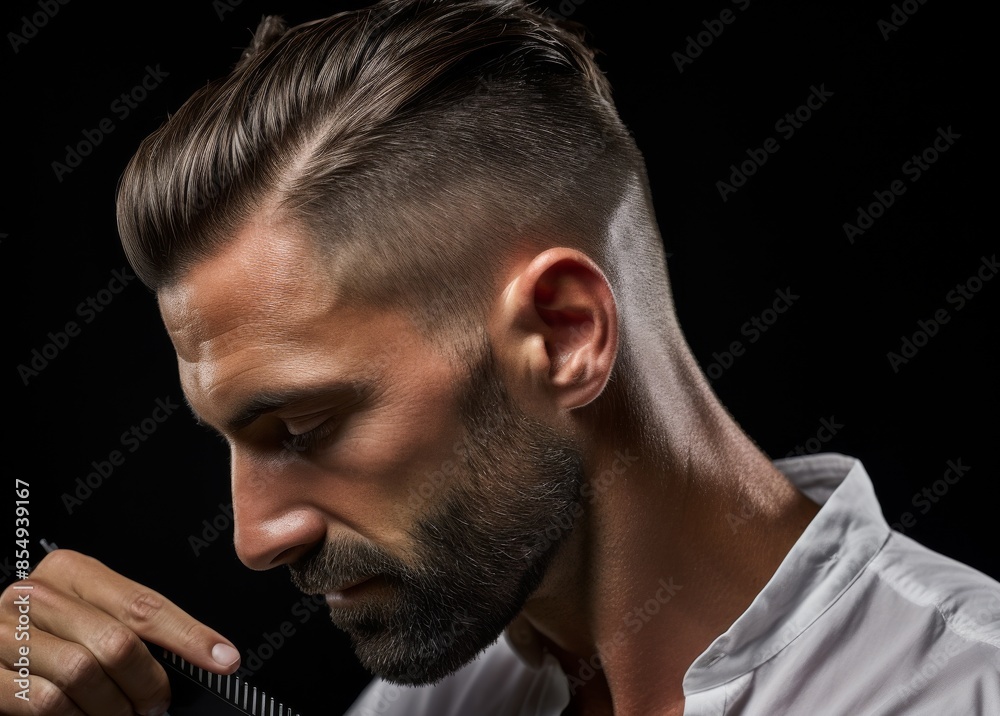 Obraz premium A man with a shaved head and a beard is standing in front of a black background