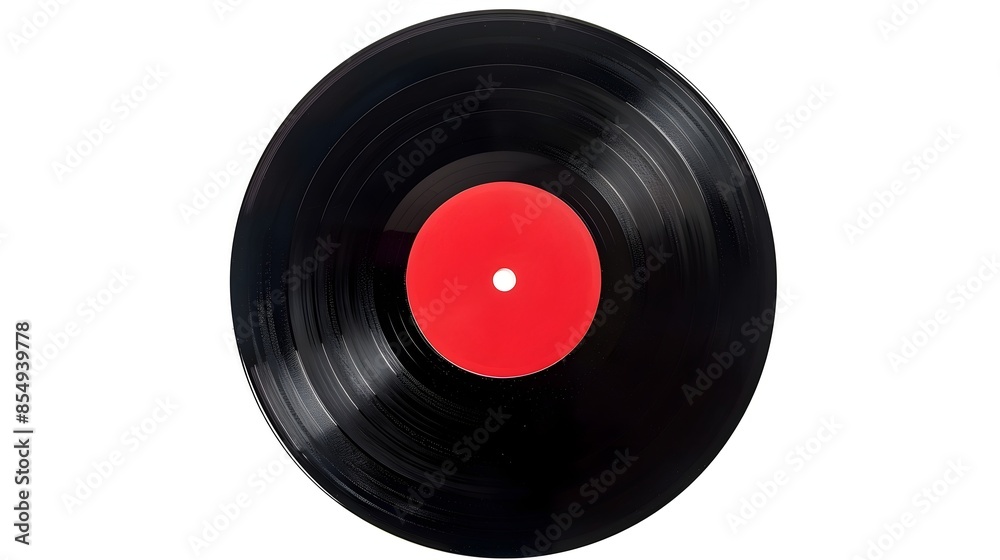Classic Black Vinyl Record with Red Center Label on White Background Classic Black Vinyl Record with Red Center Label on White Background