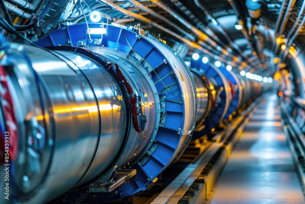a large metal object with a blue light, Study the physics of particle accelerators a large metal object with a blue light, Study the physics of particle accelerators