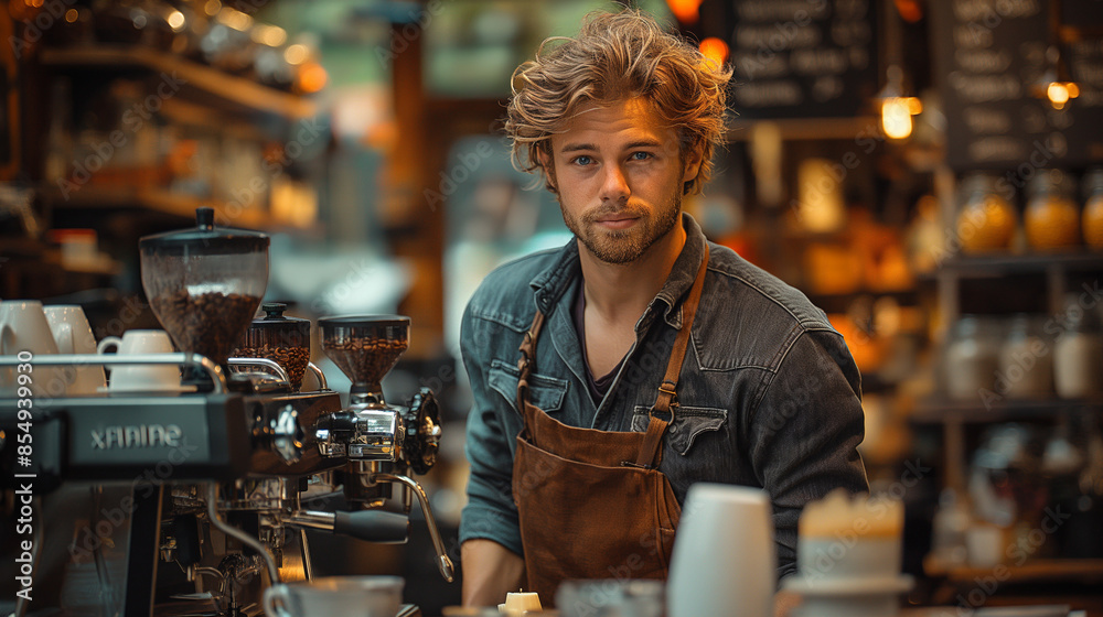 Startup successful small business entrepreneur owner barista man standing at counter bar coffee shop or restaurant. Portrait of young caucasian man successful barista cafe local owner concept Startup successful small business entrepreneur owner barista man standing at counter bar coffee shop or restaurant. Portrait of young caucasian man successful barista cafe local owner concept