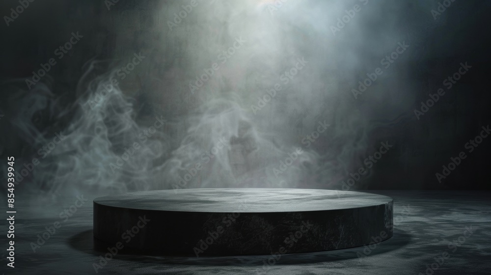 Dark podium with smoke and light in a studio setting Dark podium with smoke and light in a studio setting