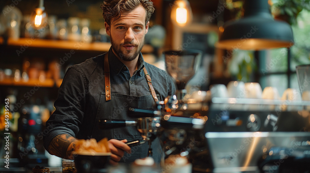 Portrait of young man taking coffee from espresso machine at office cafeteria Portrait of young man taking coffee from espresso machine at office cafeteria