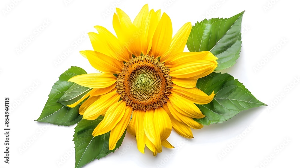 Naklejka premium Vibrant Yellow Sunflower with Green Leaves on White Background