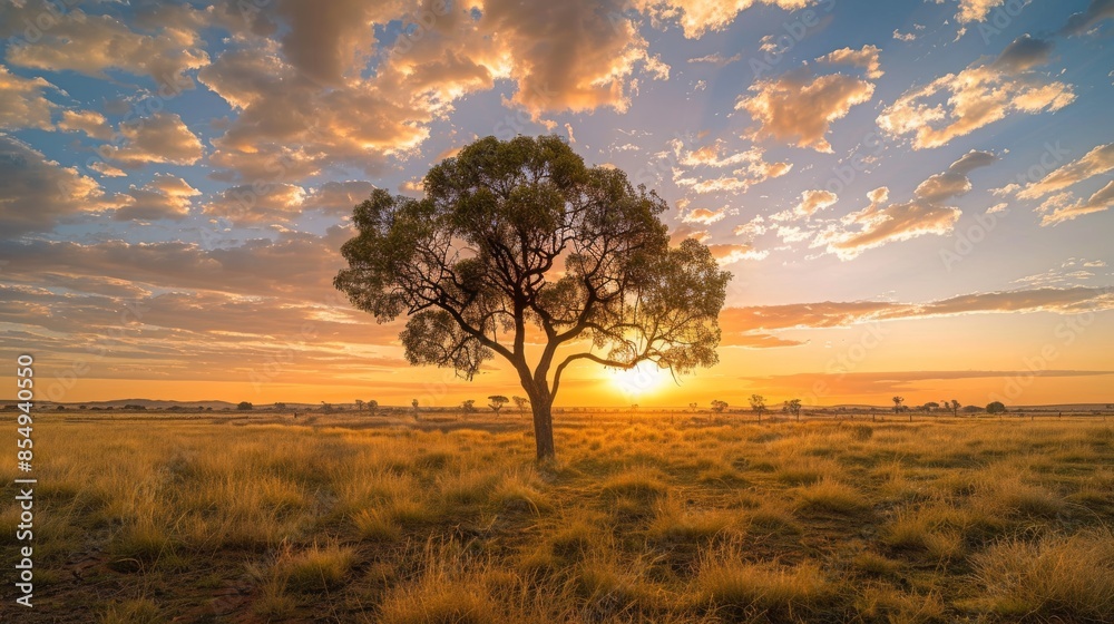 Obraz premium A solitary tree stands as a testament to resilience amidst the harsh conditions of the outback. -