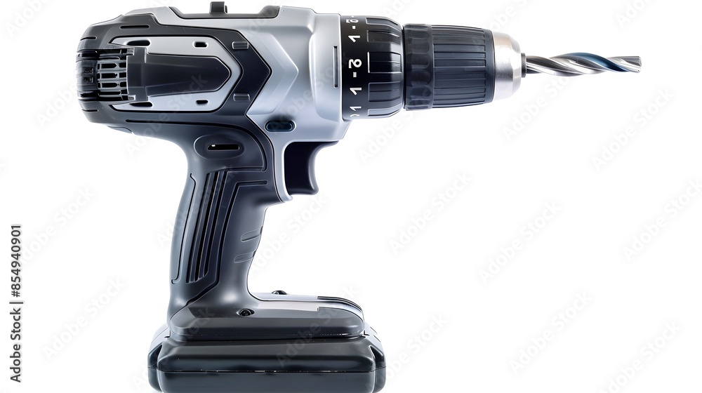 Sturdy Black and Silver Electric Drill Isolated on White Background Sturdy Black and Silver Electric Drill Isolated on White Background