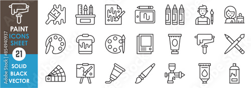 A set of line icons related to paint and painter. Color, paint, painter, brush, spray, digital painting, wallpaper and so on. Vector outline icons set.