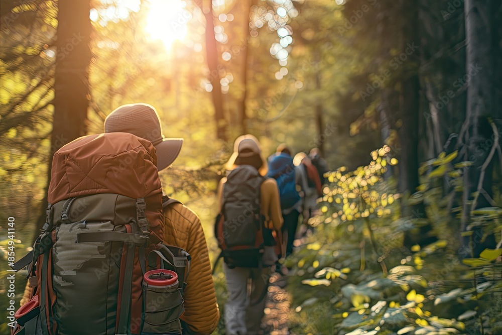 a group of people walking through a forest, Try a new outdoor activity a group of people walking through a forest, Try a new outdoor activity