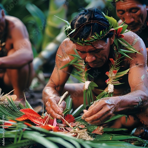 A cultural portrayal of indigenous people using island plants for food, medicine, and materials, highlighting the traditional knowledge and sustainable practices