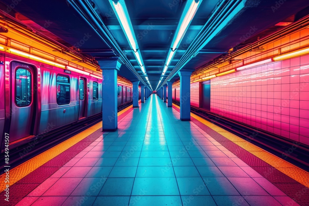 a subway station with a train on the tracks, Vibrant neon subway stations a subway station with a train on the tracks, Vibrant neon subway stations