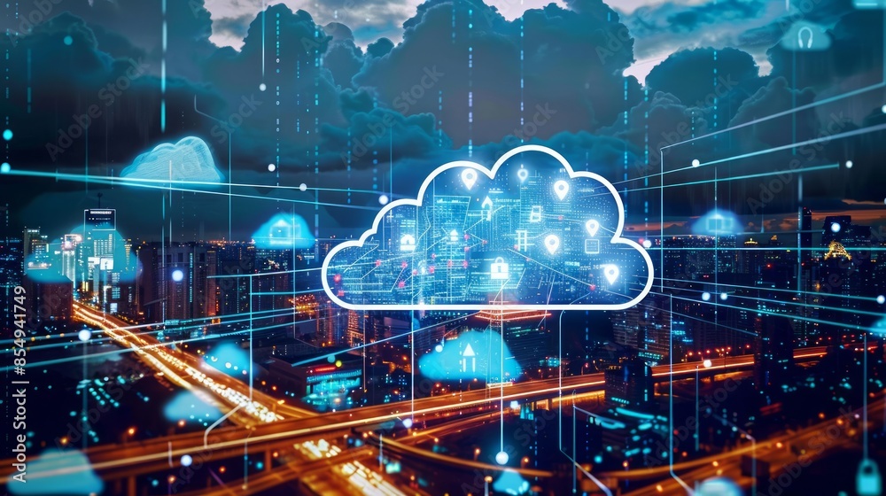 Cloud computing concept. Smart city. Communication network with cloud logistics transportation Cloud computing concept. Smart city. Communication network with cloud logistics transportation