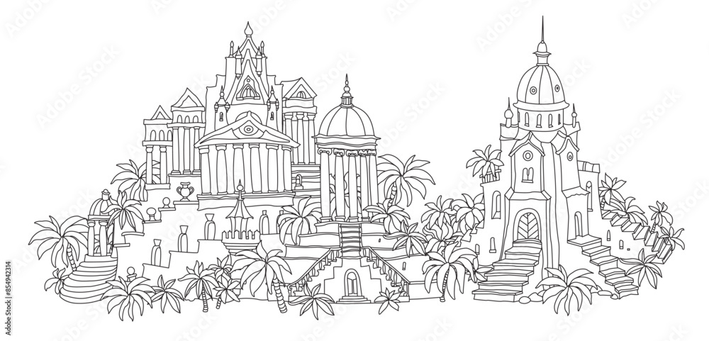 Fairy tale antique castle. Hand drawn black and white architectural sketch for coloring book page Fairy tale antique castle. Hand drawn black and white architectural sketch for coloring book page