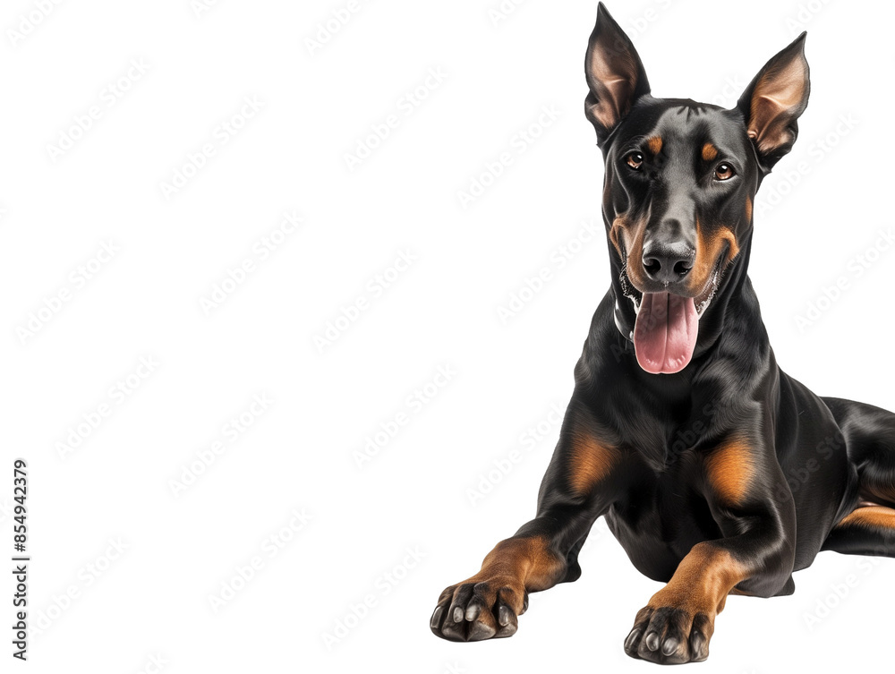 Half body shot of Doberman Pinscher dog, lying down, smiling. Half body shot of Doberman Pinscher dog, lying down, smiling.
