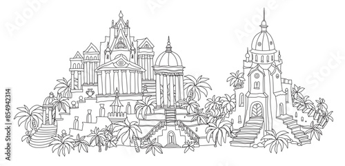 Fairy tale antique castle. Hand drawn black and white architectural sketch for coloring book page