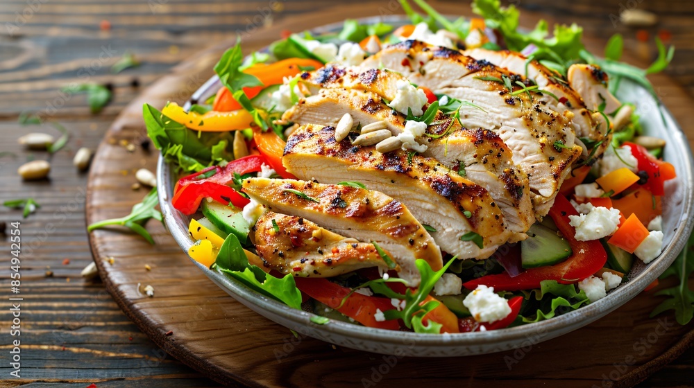 Healthy keto lunch featuring a sliced chicken fillet on a fresh salad with colorful bell peppers, crumbled feta cheese, and toasted sunflower seeds on a rustic wooden table Healthy keto lunch featuring a sliced chicken fillet on a fresh salad with colorful bell peppers, crumbled feta cheese, and toasted sunflower seeds on a rustic wooden table