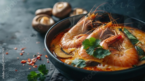 A steaming bowl of Tom Yum soup featuring large shrimp, sliced galangal, mushrooms, and fresh herbs. The soup's bright red chili oil swirls through the creamy coconut milk, with the dark stone photo