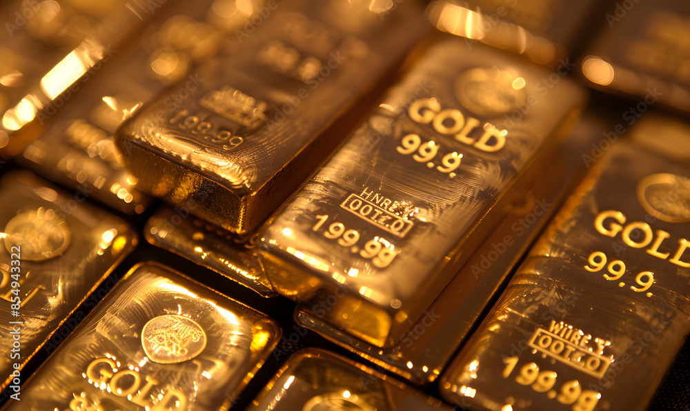 Close-up of gold bars with intricate engravings, reflecting ambient light, symbolizing luxury and stability