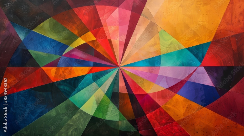 Obraz premium An abstract composition of geometric shapes and lines, rendered in vibrant technicolor hues, radiating from a central point and shimmering with intensity, conveying a sense of dyna