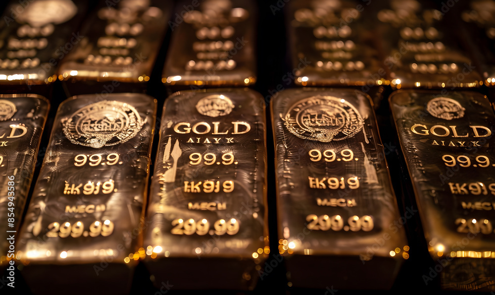 Close-up of gold bars with intricate engravings, reflecting ambient light, symbolizing luxury and stability Close-up of gold bars with intricate engravings, reflecting ambient light, symbolizing luxury and stability