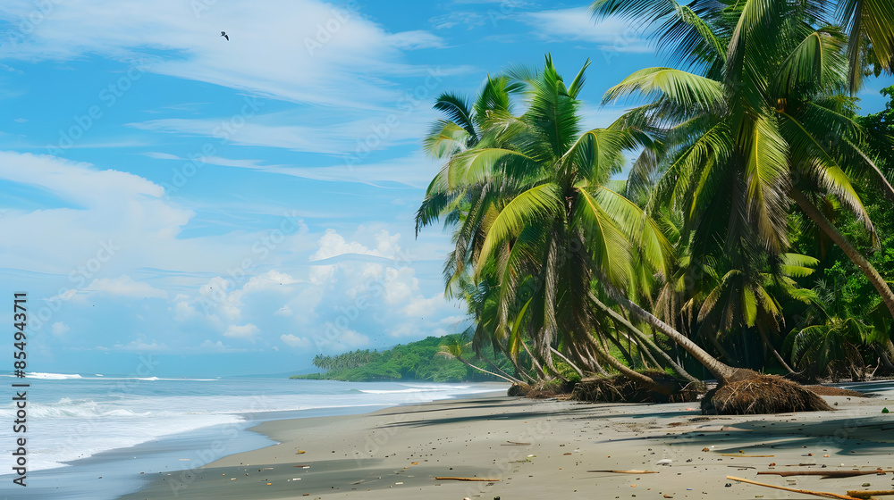 Coconut trees on a pristine beach, their roots firmly preventing coastal erosion, while birds and small animals make their homes among the branches Coconut trees on a pristine beach, their roots firmly preventing coastal erosion, while birds and small animals make their homes among the branches