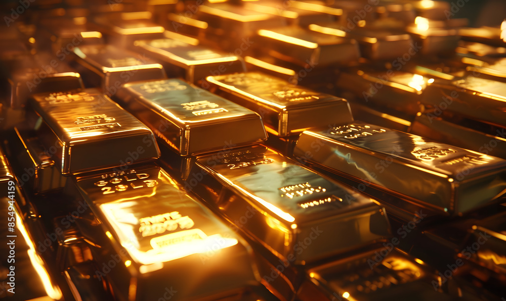 Close-up of gold bars with intricate engravings, reflecting ambient light, symbolizing luxury and stability